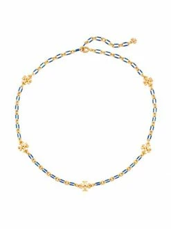 Tory Burch Necklace Chain Epoxy Stone Striped Semi-Preciou Roxanne Goldtone,