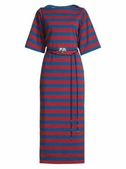 Tory Burch Midi-Dres Logo-Belted Striped