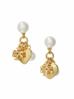 Tory Burch Kira Earring Charm Crystal Goldtone, Faux Pearl Drop