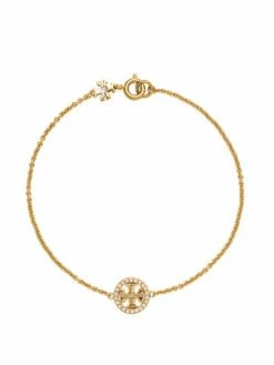 Tory Burch Miller Charm Bracelet Logo Crystal Pearl 18K Gold-Plated, Swarovski
