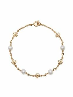 Tory Burch Bracelet Logo Kira Pearl Chain Cultured Goldtone