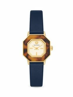 Tory Burch Watch Sawyer Stainless Steel Leather Strap Goldtone