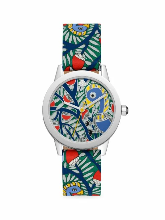 Tory Burch The Gigi Watch Stainless Steel Multicolor Three-Hand Bird-Print Leather Exotic 1 Tory Burch The Gigi Watch Stainless Steel Multicolor Three-Hand Bird-Print Leather Exotic