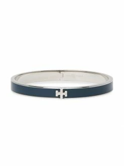 Tory Burch Logo Bracelet Kira Silvertone Enamel Hinged Slim Cuff