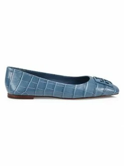 Tory Burch Ballet Flat Leather Croc-Embossed Square-Toe Georgia
