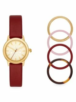 Tory Burch Gigi Set Watch Stainless Steel Leather Strap Red Goldtone