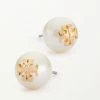 Tory Burch Earring Logo Crystal-Pearl Stud Yellow Goldtone