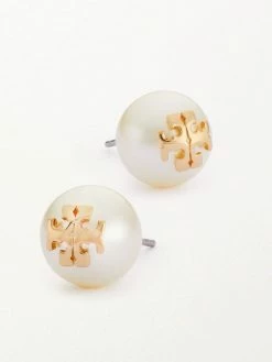 Tory Burch Earring Logo Crystal-Pearl Stud Yellow Goldtone