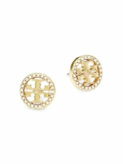 Tory Burch Earring Logo Crystal Goldtone Circle Stud