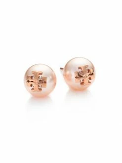 Tory Burch Earring Logo Crystal-Pearl Stud Rose Goldtone