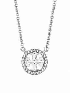 Tory Burch Necklace Silvertone Crystal Swarovski Logo