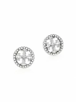 Tory Burch Earrring Logo Crystal Silvertone Circle Stud