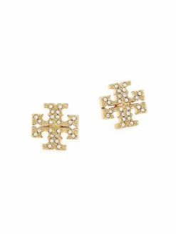 Tory Burch Earring Goldtone Stud Logo Pavé