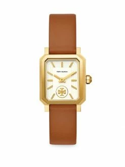 Tory Burch Watch Robinson Stainless Steel Leather Strap Brown Goldtone