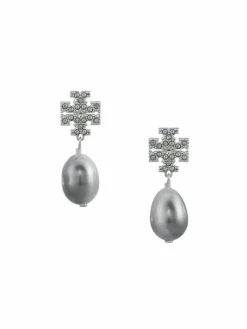 Tory Burch Earring Logo Silvertone, Crystal Faux-Pearl Drop