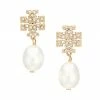 Tory Burch Earring Logo Crystal Goldtone, Faux-Pearl Drop