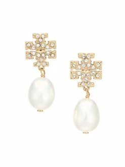 Tory Burch Earring Logo Crystal Goldtone, Faux-Pearl Drop