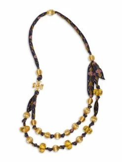 Tory Burch Necklace Jacquard, Resin Glas Beaded Ribbon Roxanne Goldtone,