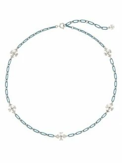 Tory Burch Necklace Enamel Logo Chain Roxanne Silvertone