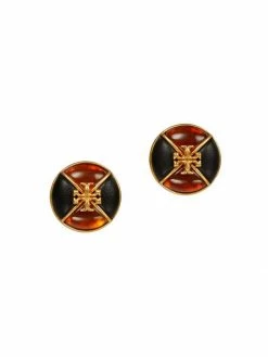 Tory Burch Earring Logo Kira Resin Leather Clip-On Stud Goldtone,