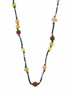 Tory Burch Necklace Resin, Wood Long Beaded Roxanne Goldtone,