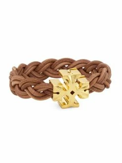 Tory Burch Fisherman Bracelet 18K-Gold-Plated Leather Braided