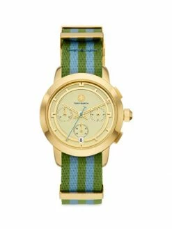 Tory Burch Tory Goldtone Watch Stainless Steel Fabric Chronograph