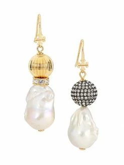 Tory Burch Earring Kira Crystal Goldtone, Pearl Mismatched Drop Baroque