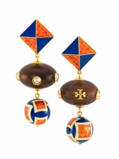 Tory Burch Earring Wood Epoxy Geo Goldtone, Drop