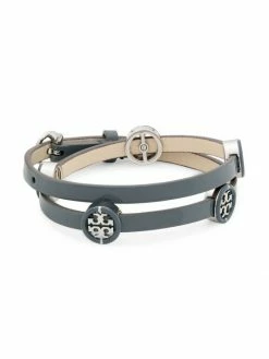 Tory Burch Bracelet Leather, Enamel Miller Double-Wrap Silvertone,